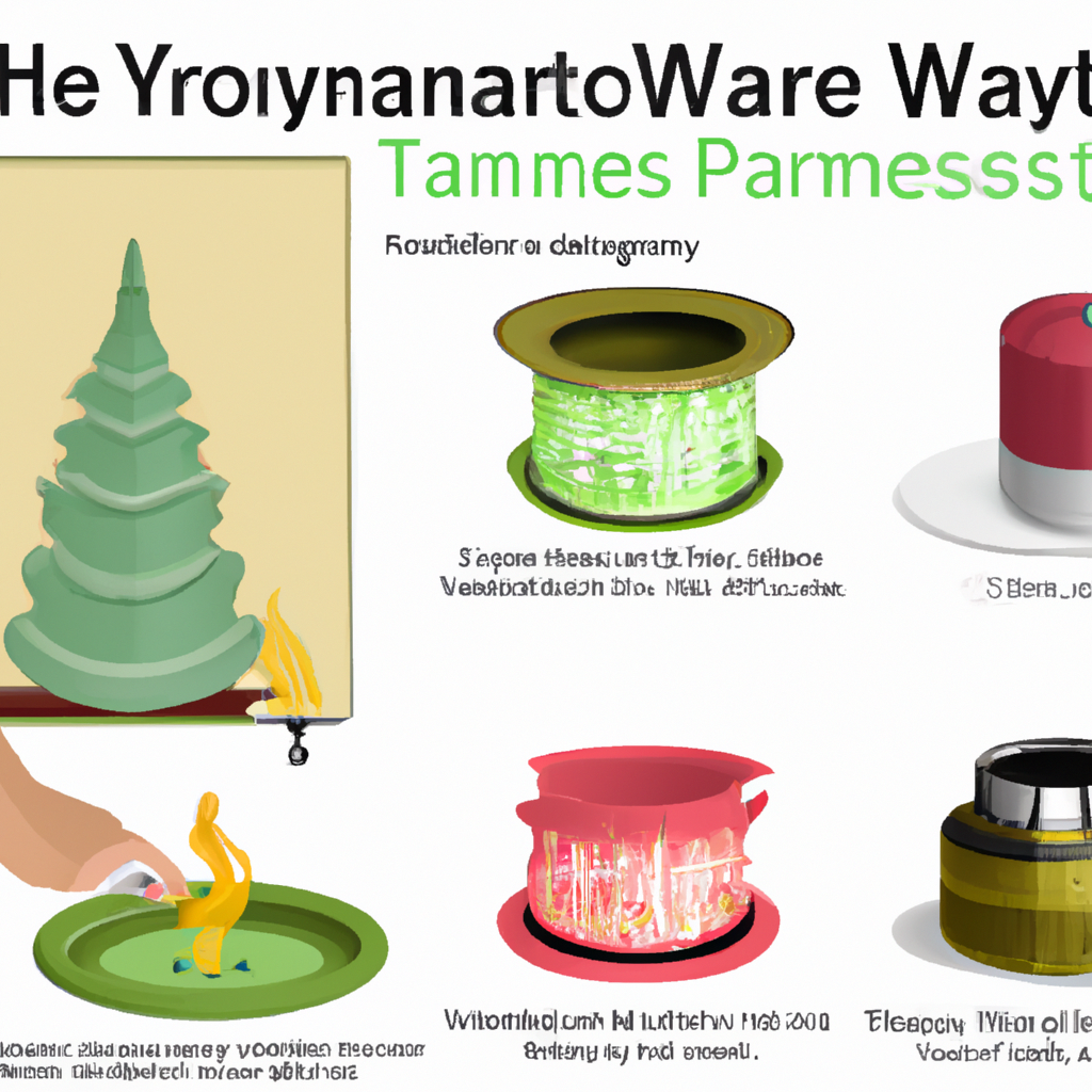 Create an image that illustrates the process of selecting and maintaining a Christmas Tree Wax Warmer. The scene should show a person carefully choosing a festive design that matches their holiday decor theme from a variety of options. The image should also depict safety tips such as keeping the warmer away from flammable objects, and steps for cleaning and maintaining the wax warmer to ensure it remains a beautiful and functional part of the holiday decor. Keywords to include: christmas tree wax warmer, festive, safety tips, cleaning, holiday theme.