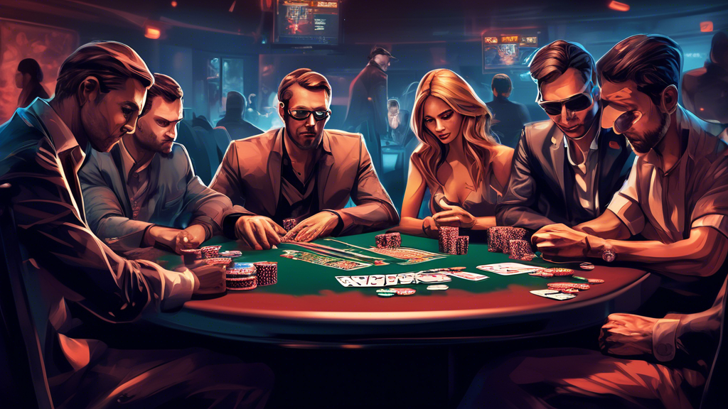 Create an illustration depicting a strategic poker table scene focused on advanced gameplay techniques. Include elements like a player analyzing hand histories on a laptop, stacks of poker chips, and charts displaying player statistics. Capture the intense atmosphere by incorporating elements of psychology, such as facial expressions reflecting concentration and decision-making. Ensure the setting indicates a Partypoker theme with recognizable branding and colors, evoking the excitement and strategic depth of online poker.