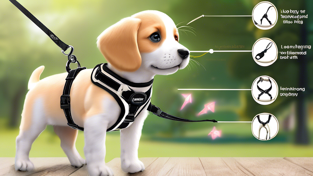 A detailed illustration of a puppy harness and leash set showing various key features. The harness is displayed with adjustable straps, soft cushioned padding for comfort, and sleek reflective strips for enhanced visibility. The leash is shown to be durable, made of high-quality, long-lasting materials, and includes a secure clasp. The background features a playful puppy walking comfortably outdoors, highlighting the harness
