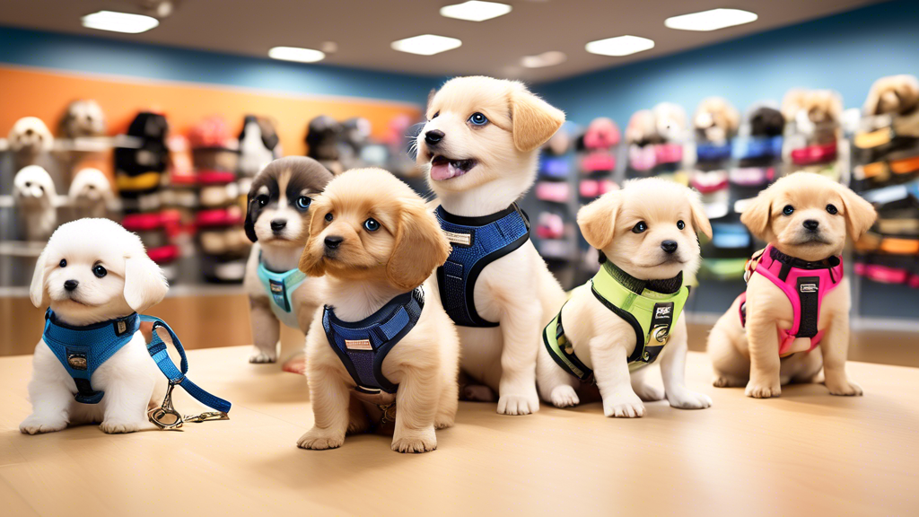 Create an image showcasing a variety of puppy harness and leash sets on display. The scene features the best overall puppy harness and leash sets, budget-friendly options, and premium choices, all laid out attractively. Each harness and leash set is modeled on adorable puppies of different breeds, radiating comfort and style. The background is a bright and inviting pet store setting, emphasizing a sense of excitement and variety for new pet owners.