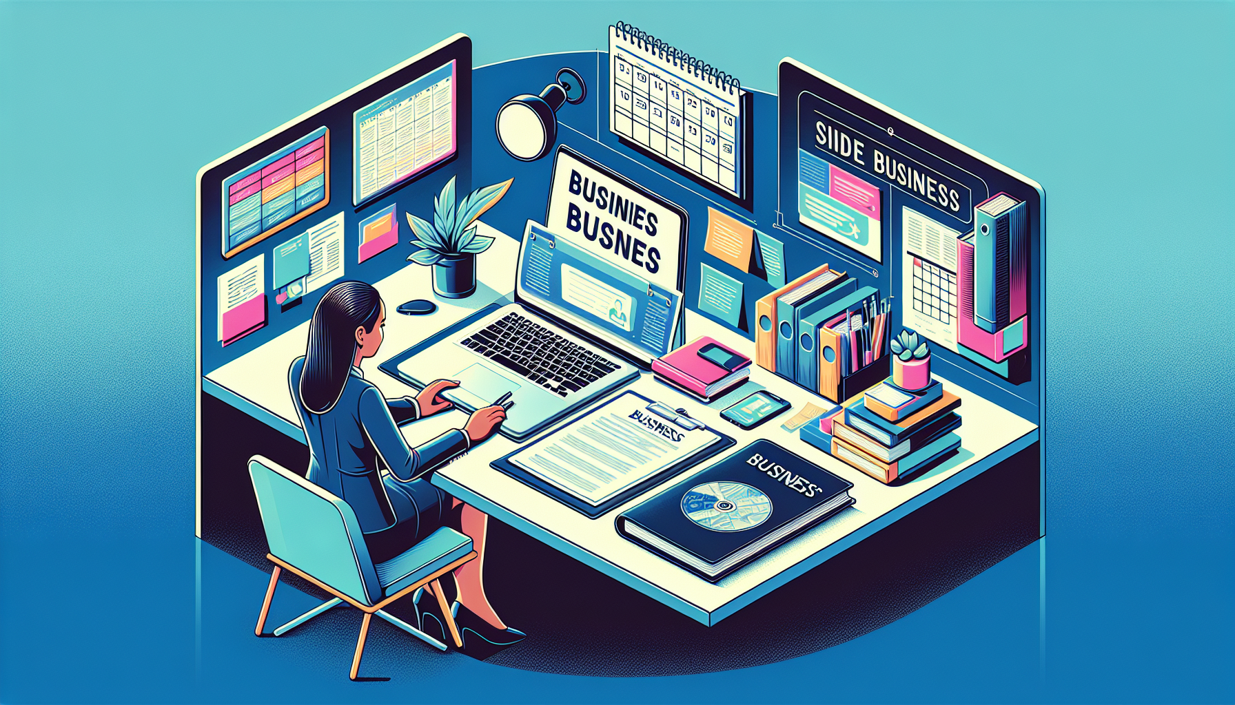 Prompt for DALL-E: 

Illustrate a dynamic image of a workspace setting where an individual is setting up their side business. Include elements such as a well-organized desk with a laptop open to a business plan template, legal documents neatly stacked, a calendar showing a well-planned schedule, and a separate business bank account booklet. The individual should appear focused and multitasking effectively, symbolizing the balance between their side business and full-time job. The environment should be tidy and professional, indicating readiness for success.