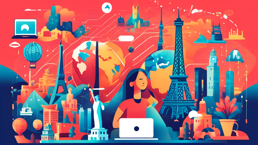 Create a vibrant illustration showing a person accessing multiple global streaming services on a laptop, surrounded by iconic landmarks from around the world like the Eiffel Tower, Statue of Liberty, and Great Wall of China. The image should depict a virtual network path, symbolizing a VPN connection, making the varied international content accessible. Use some icons or visual elements that represent speed and stability, such as speedy lines or connection symbols, to highlight a wide and robust server network.