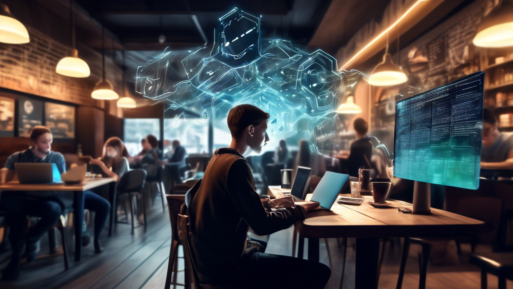 Dramatic scene in a bustling café with free Wi-Fi, showing a young person using a laptop confidently with an overlay of digital shields, locks, and encrypted data flowing around them. In the background, other patrons are visible, some looking concerned as their data trails leak into hacker
