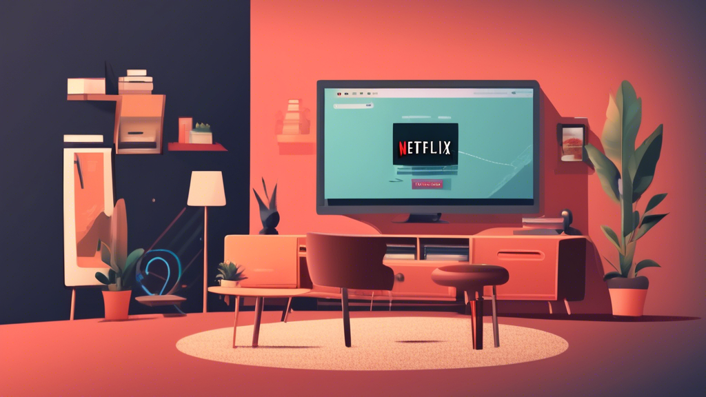 Create an image depicting a digital guide titled How to Set Up a VPN for Netflix: Step-by-Step. The scene should feature a cozy living room with a modern setup: a large TV displaying the Netflix logo, a laptop showing VPN software setup instructions, and a user following along. Include visual elements such as Wi-Fi signals connecting the laptop to the TV, a checklist of optimization tips, and small icons representing troubleshooting tips, all in a user-friendly manner.