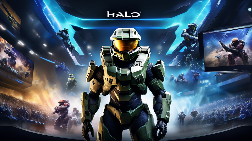 Create an image that captures the excitement of the current Halo esports scene: A dynamic depiction of a live Halo esports event featuring top-tier teams and standout players. Show a bustling esports arena filled with enthusiastic fans, massive screens displaying intense gameplay, and players intensely focused on their matches. Include elements like streaming platforms and social media icons to emphasize the reach and visibility of the event.