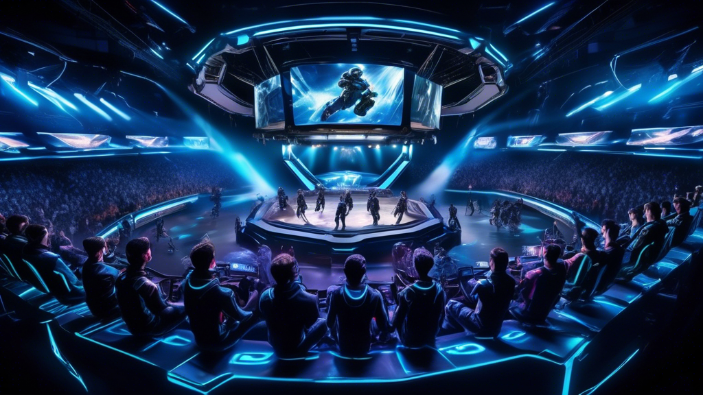 Create an image depicting a futuristic arena packed with enthusiastic fans watching a high-tech Halo esports tournament. The scene should include advanced holographic displays showcasing the game, players wearing cutting-edge VR gear, and a dynamic live-streaming setup that amplifies the experience. The whole atmosphere should be electrifying, highlighting the potential future of Halo esports with a blend of innovation and excitement. Keywords to include: halo esports, futuristic arena, VR gear, holographic displays, live-streaming.
