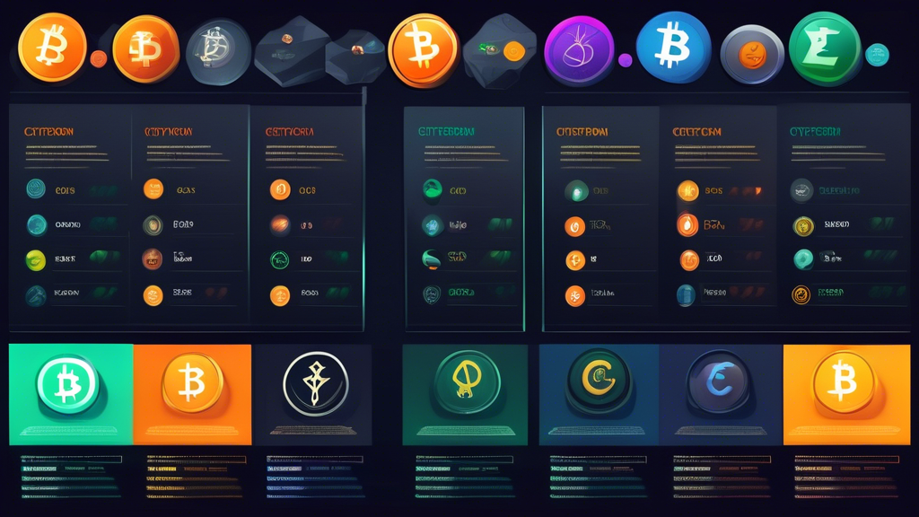 Create an image of a sleek, modern comparison chart that highlights several popular cryptocurrency trading platforms. Include detailed sections with pros and cons of each platform, user reviews, and platform logos. In the background, use subtle blockchain and cryptocurrency-related imagery like a digital network or currency symbols (Bitcoin, Ethereum, etc.).