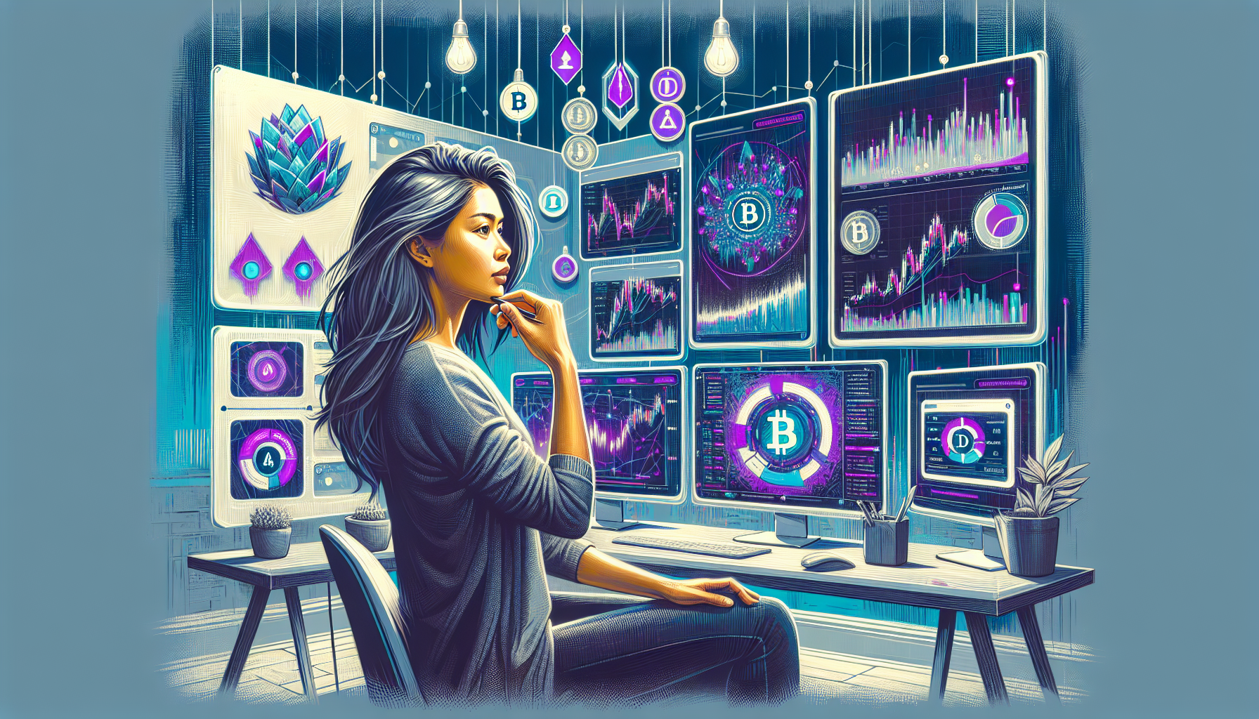 Create an intricate and professional illustration that showcases an individual using a crypto demo trading app. The scene focuses on the following aspects:
- A step-by-step display of setting up a demo account on a sleek and modern app interface.
- A variety of digital charts and graphs that mimic real-life trading conditions.
- Visual cues of emotional responses to simulated trading scenarios, such as excitement and contemplation.
- An underlying narrative of eventually transitioning to live trading, with elements highlighting the shift from practice to real market trading.
- Text labels or icons that represent each stage of the process: Setup, Simulate, and Transition.

Ensure the background has elements of a contemporary home office setup with dual monitors, adding a realistic yet aspirational dimension to the artwork.