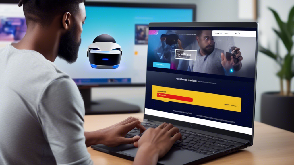 Create an image for a step-by-step guide helping users find PSVR 2 at Argos. The scene can show a person using a laptop to navigate the Argos website, with close-up views of the search bar where PSVR 2 is being typed, the stock availability section highlighting in-stock and out-of-stock items, and a split-view comparison between online and in-store purchase options.