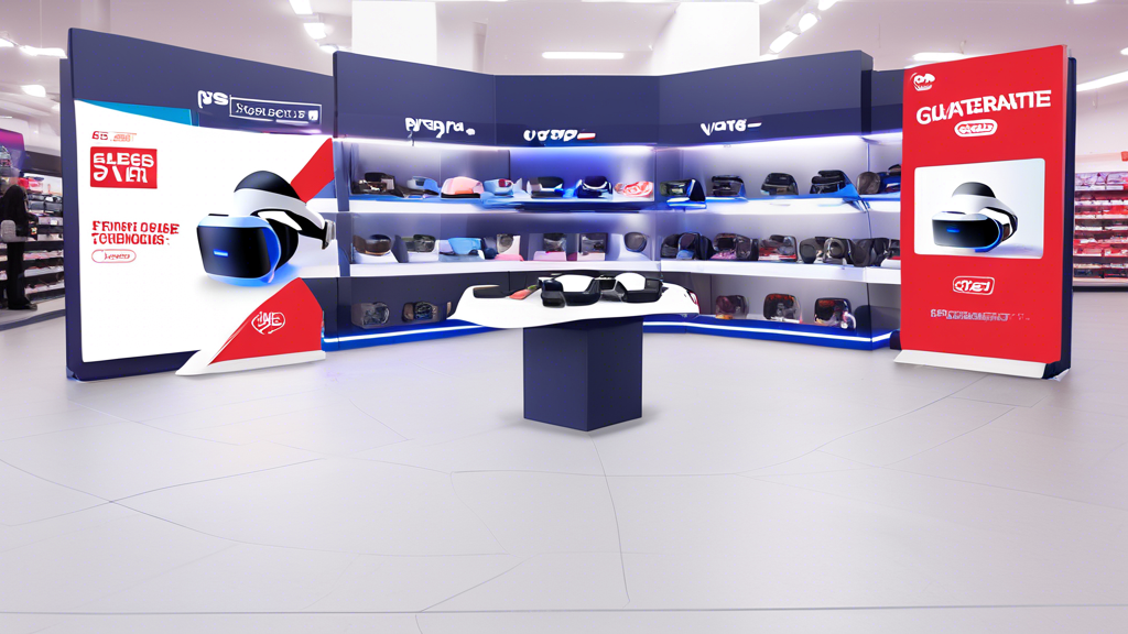 Create an image showcasing a sleek promotional setup for PSVR 2 in an Argos store. The display should highlight various special offers and bundles available, with banners indicating sales or discounts. Depict shelves neatly organized with PSVR 2 boxes, and a prominent sign mentioning 