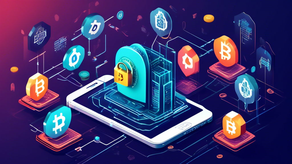 Create an image depicting the disruption of conventional banking through finance-based cryptocurrency. Show a traditional bank alongside blockchain technology symbols like chains, locks, and digital currencies. Include visual elements that represent enhanced security, such as shields and encrypted codes. Illustrate real-world applications by showing diverse financial transactions taking place seamlessly through digital devices, indicating the shift towards a more transparent and secure financial system.