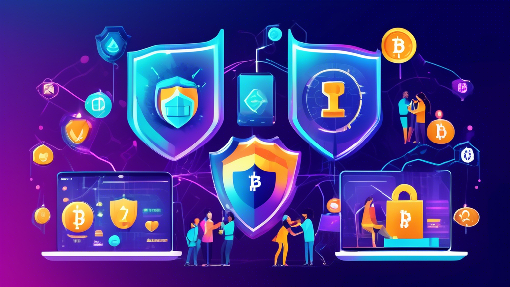 Create an image showing players enjoying online crypto gambling games on various devices, with a backdrop highlighting key benefits like security and privacy (represented by a shield and lock), transparency and fairness (illustrated with blockchain icons and a fairness scale), and speed and accessibility (symbolized by a fast clock and global connectivity graphics). The scene should be digitally vibrant, emphasizing the advantages that make these games increasingly popular.