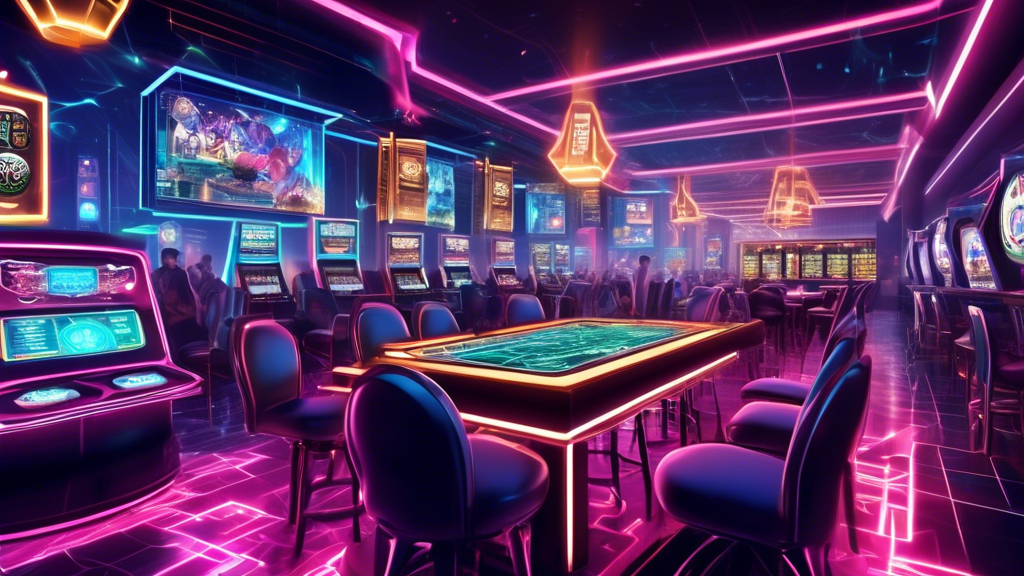 **DALL-E Prompt:**

Create an image depicting the future of crypto gambling games. The scene should feature a futuristic casino with holographic slot machines and poker tables, all connected by glowing blockchain networks. Display charts or graphs on the walls showing cryptocurrency market trends. Include visual elements hinting at regulatory challenges, such as scales of justice and warning signs. Incorporate advanced technology like VR headsets and AI dealers to signify innovation and expansion. Highlight the challenges and potential of crypto gambling games in a dynamic, forward-looking environment.