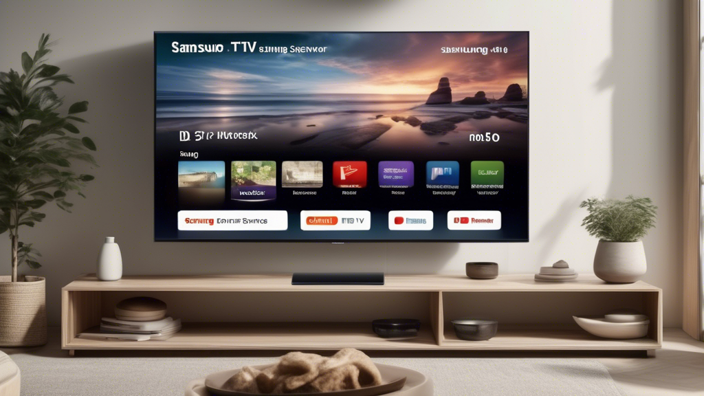 Create an image showing a modern Samsung TV displaying its network settings menu. Clearly depict the TV screen capturing the step-by-step process to locate the current DNS server number. Include visual aids such as highlighted sections or arrows pointing to the relevant options. The scene should be set in a cozy living room, with the TV as the focal point, ensuring that the menu options are legible and the process is easy to follow.