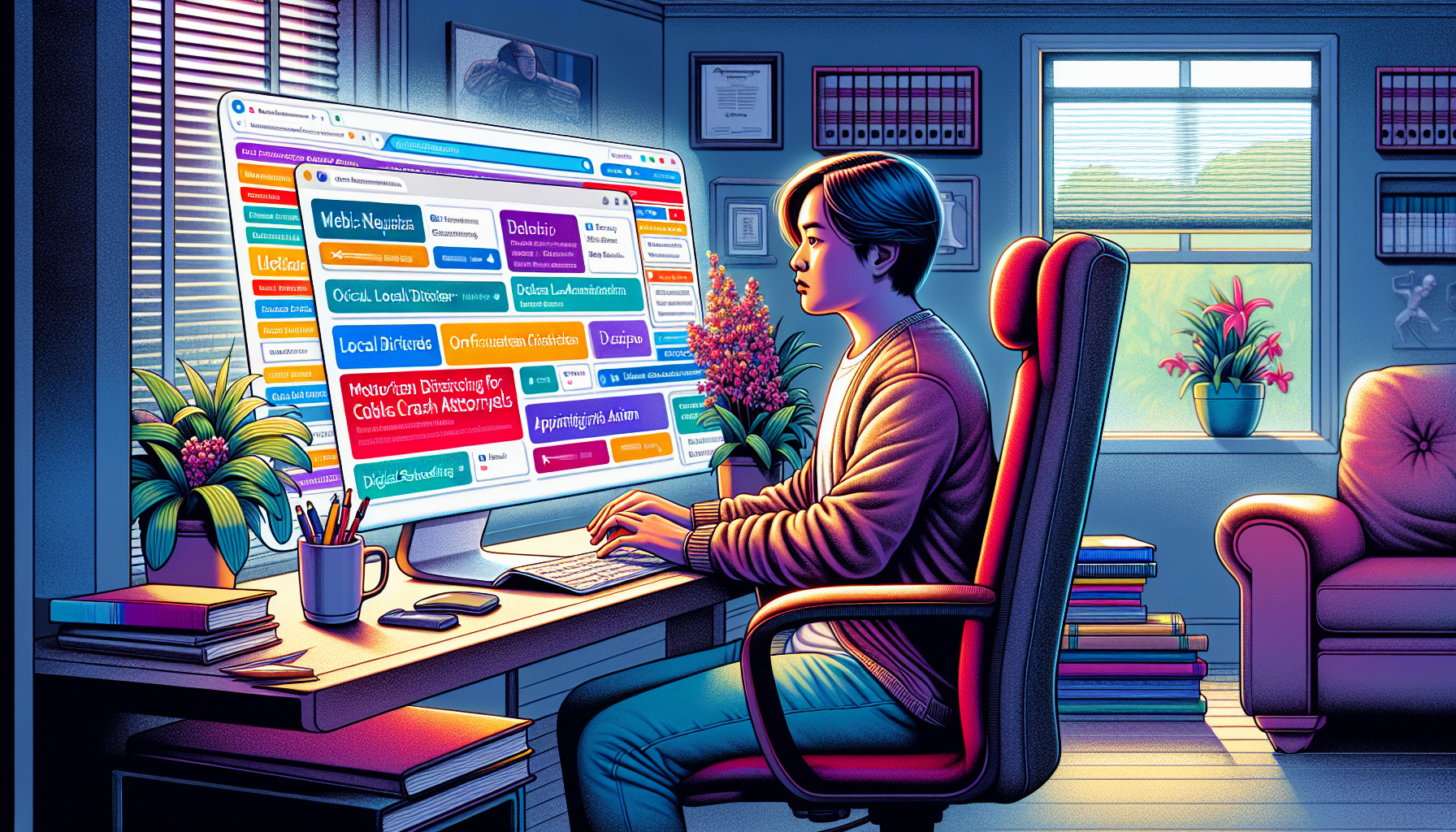 An individual researching on a computer, displaying multiple web browser tabs open with local legal directories, online reviews for motorcycle crash attorneys, and scheduling tools for consultations, in a cozy, well-lit home office environment.