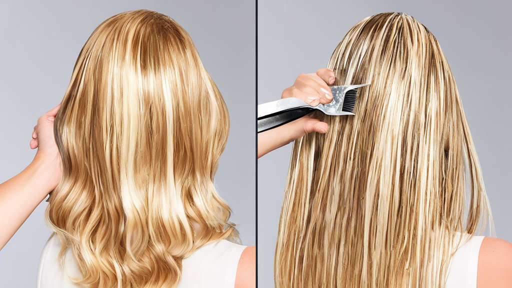 Create an image showing a step-by-step process to achieve perfect blonde full foil highlights. The image should consist of three panels:

**Panel 1:** A professional hairstylist sectioning a woman