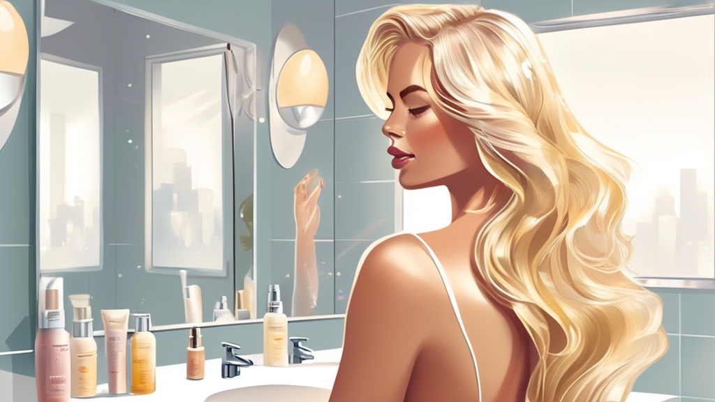**DALL-E Prompt:**

Create a detailed illustration of a woman with beautiful blonde full foil highlights, focusing on her hair care routine. The scene should show her in a brightly lit, modern bathroom, applying a nourishing hair mask and using premium hair care products. A collection of recommended hair care products and hair treatments should be visible on the bathroom counter. Emphasize shine and health in her highlighted hair, showcasing the long-lasting vibrancy and color. Avoid showing mistakes or any damage to highlight the benefits of proper maintenance and care.