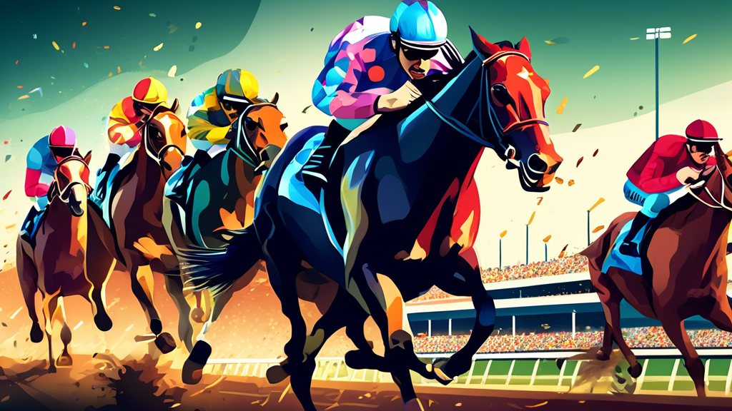 **DALL-E Prompt:** Create a vibrant and engaging illustration showcasing a sports betting scene focused on horse racing. Include a diverse group of excited bettors gathered around a digital display highlighting various promotions and bonuses, such as Sign-Up Bonus and Exclusive Offers. Capture the thrill of the race with dynamic horses racing on a track in the background, while emphasizing elements like mobile devices showing betting apps, promotional banners, and enthusiastic gestures from the bettors. Use bright colors and a lively atmosphere to reflect the excitement of leveraging promotions in sportsbet racing.