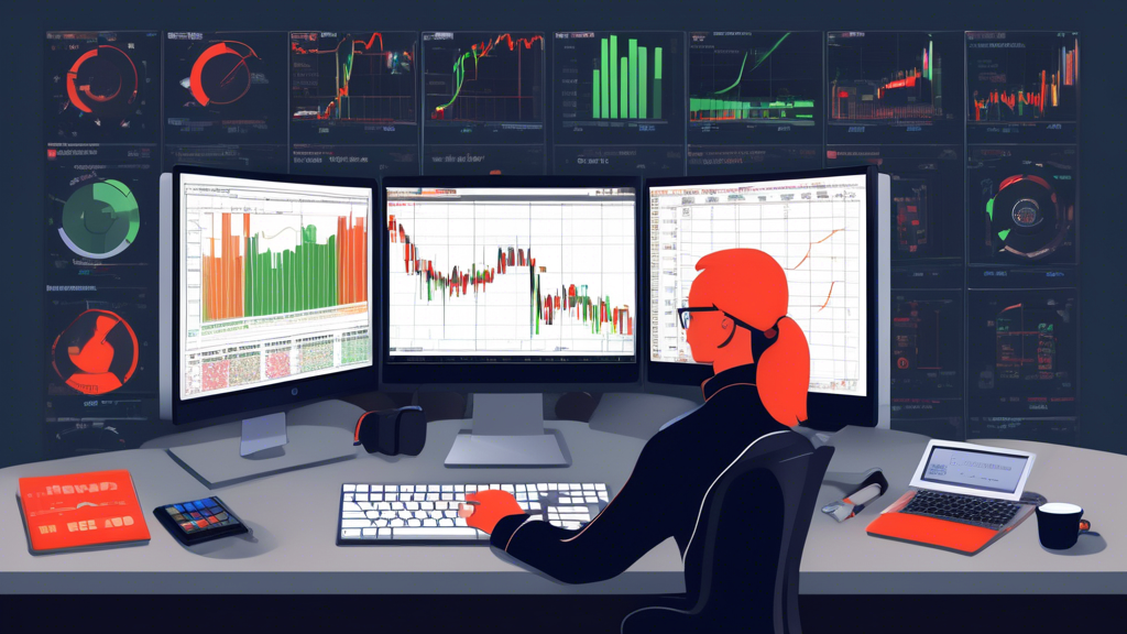 Create an illustration depicting a trader at their computer screen, using the NinjaTrader platform. Include elements such as charts, calculators, and documents labeled 