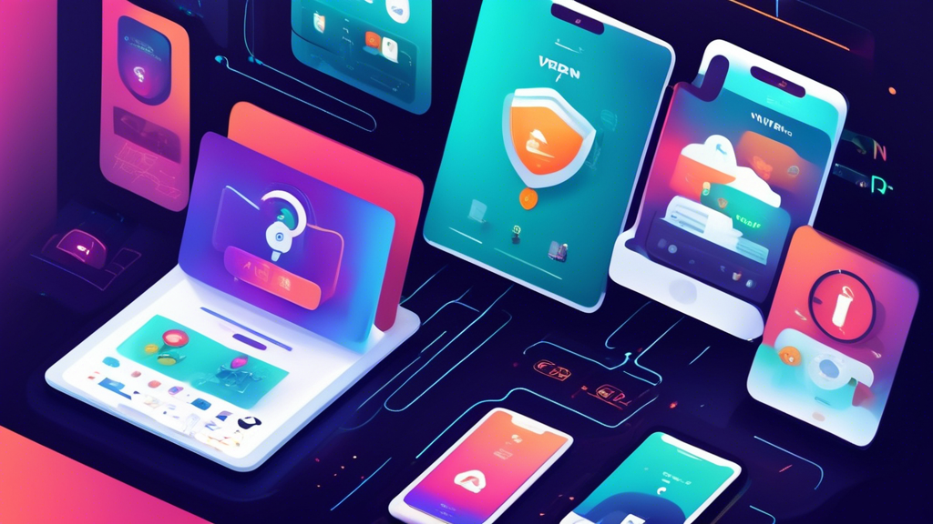 Create an image that represents the key features of the best VPN for iPad in 2023. The image should include a sleek iPad device in the center, showcasing a VPN app interface that highlights fast speeds and performance metrics. Surrounding the iPad, illustrate icons that symbolize user-friendly interfaces, seamless iOS compatibility, military-grade encryption, and a no-logs policy. Add a background that invokes a sense of advanced technology and security, such as a digital shield or secure network patterns. Make sure the visuals are modern, clean, and appealing to tech-savvy users.