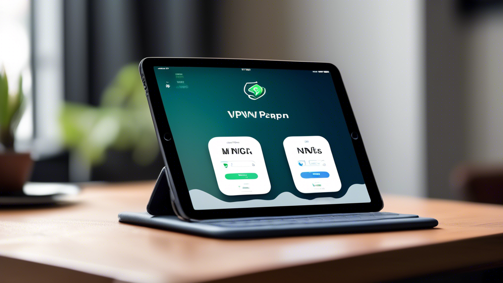 Create an image that captures a selection of leading VPN apps on an iPad screen. The iPad is shown with a high-resolution display featuring top VPN icons like ExpressVPN, NordVPN, and CyberGhost. Next to the iPad, display a comparison table with columns labeled Speed, Price, Security, and Features. The background should be a cozy, modern workspace setting to convey ease of use and accessibility.