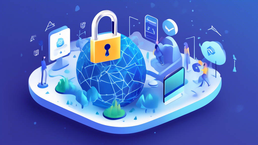 Create an image illustrating the Key Features of NordVPN Smart DNS for Enhanced Security: A visually striking digital illustration featuring three main components. First, showcase advanced data encryption and anonymization with a padlock and data stream symbol. Next, depict bypassing geo-restricted content, using location markers and a globe wrapped in a security mesh. Finally, illustrate compatibility with multiple devices and platforms by displaying a spectrum of common gadgets like a smartphone, laptop, smart TV, and gaming console—all connected through a secure network. Ensure the NordVPN logo is subtly integrated into the image to emphasize branding.