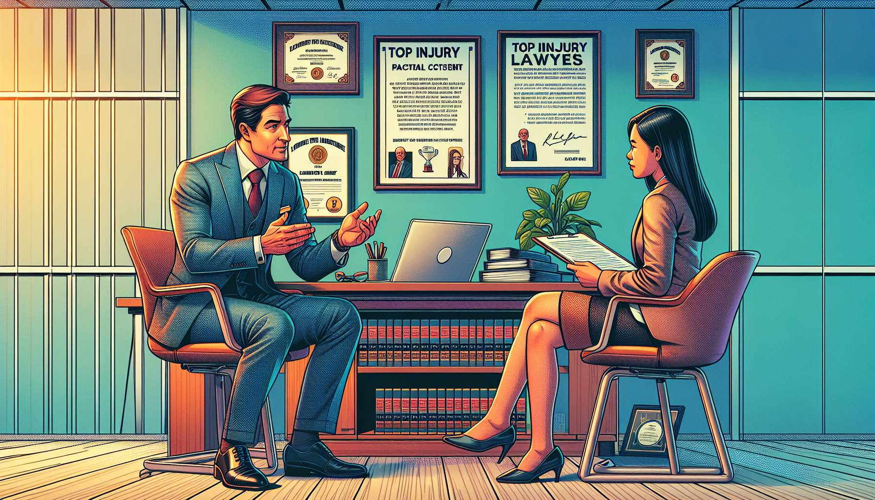 An intense consultation session between a potential client and a distinguished injury lawyer in a modern, well-lit office. The lawyer, a confident middle-aged Caucasian man, is presenting a digital presentation about his past case results. Across from him, an attentive Asian woman listens, taking notes on a tablet. The walls are adorned with diplomas and awards. On the desk, a plaque reads 
