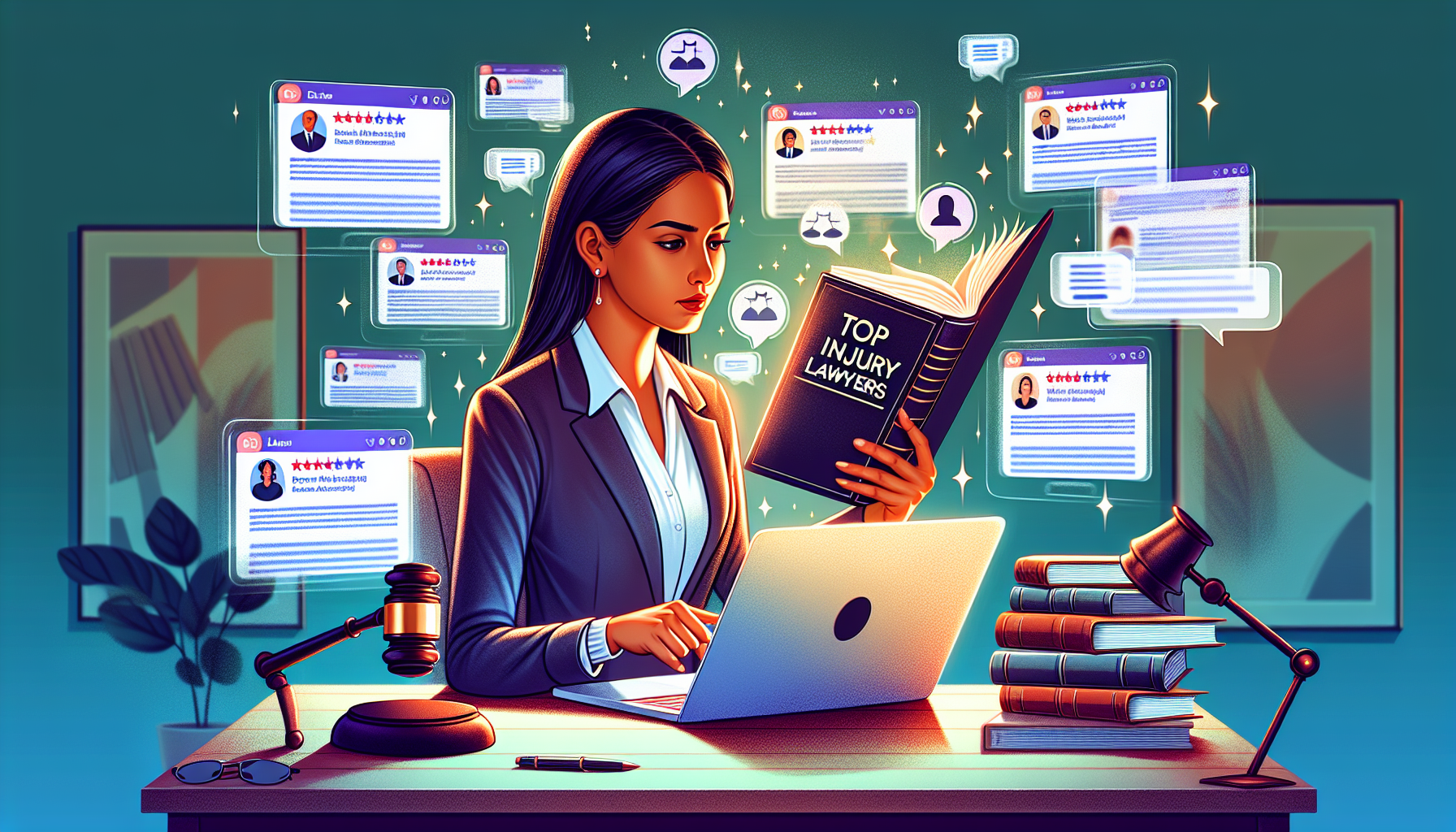 Detailed illustration of a person searching through various sources for top injury lawyers, including browsing through law firm websites on a laptop, checking professional directories, and consulting a large, open book with 