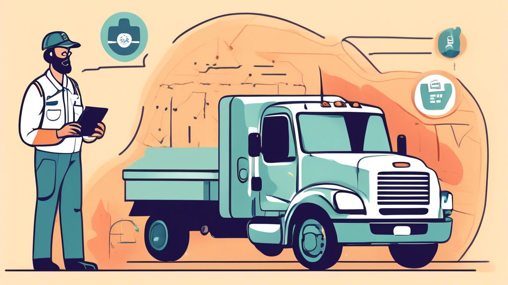 Create a DALL-E prompt to generate an image for outline point #2:Create an illustration showing a professional truck driver searching for a medical test for CDL near them. The image should depict the driver using a laptop or smartphone to find FMCSA-certified medical examiners, with visual elements like a map, search bar, and certification badges. Include symbols of medical tests like a stethoscope, vision chart, and hearing test icons in the background to emphasize the preparation process.