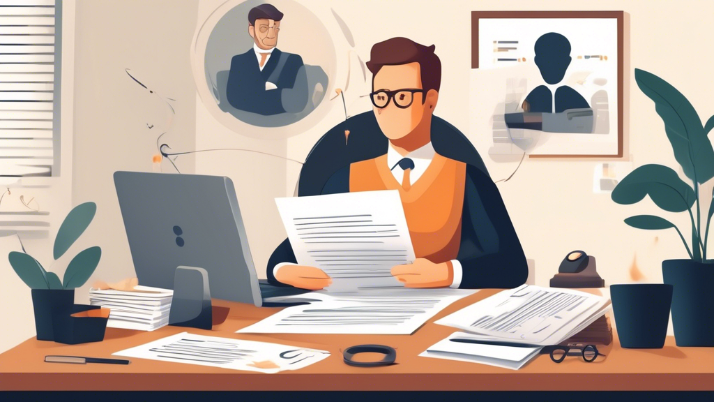 Create an image that portrays a thoughtful individual in a cozy home office setting, surrounded by documents and a laptop screen displaying search results for accident claim lawyers near me. Emphasize key factors such as credentials, specialization, success rate, and client reviews by including icons or text bubbles that highlight these aspects around the main character. The room should have an inviting and well-organized atmosphere, symbolizing thorough and careful research.