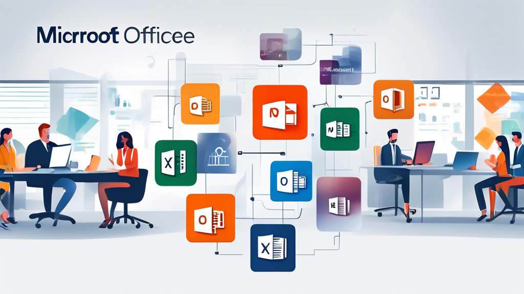 Create an image depicting the benefits of using Microsoft Office for businesses and individuals. Illustrate a modern office setting where diverse professionals are engaging in efficient, collaborative work using Microsoft Office applications. Show features such as automated workflows, template usage, and seamless integration between programs like Word, Excel, and Teams. Highlight real-time collaboration and version control, along with mobile device accessibility showcasing flexibility and cross-platform use. Include icons or logos of key Microsoft Office programs subtly integrated into the scene.