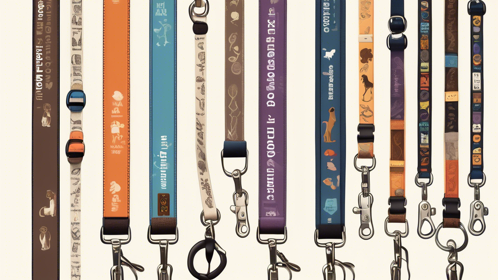 A detailed illustration showcasing a variety of short dog leashes, each labeled with material types like nylon, leather, and chain, arranged neatly. The image also includes highlights of ergonomic handle designs with padded grips. Different leash lengths and widths are displayed alongside corresponding illustrations of dogs of various sizes and breeds interacting in different walking environments such as parks and city streets.