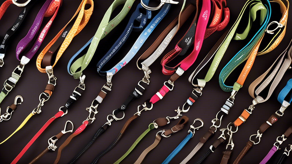Create an image of a selection of top-rated short dog leashes displayed on a clean, well-lit background. Include diverse types of leashes such as a high-quality, durable one made from leather, a budget-friendly nylon option, and a specialized training leash with features for highly active dogs. Each leash should be clearly labeled or highlighted with brief captions describing its standout features, such as Best Overall, Budget-Friendly, and For Training and Active Dogs. Include a variety of vibrant colors to make the display visually appealing and to emphasize the choices available for different needs.