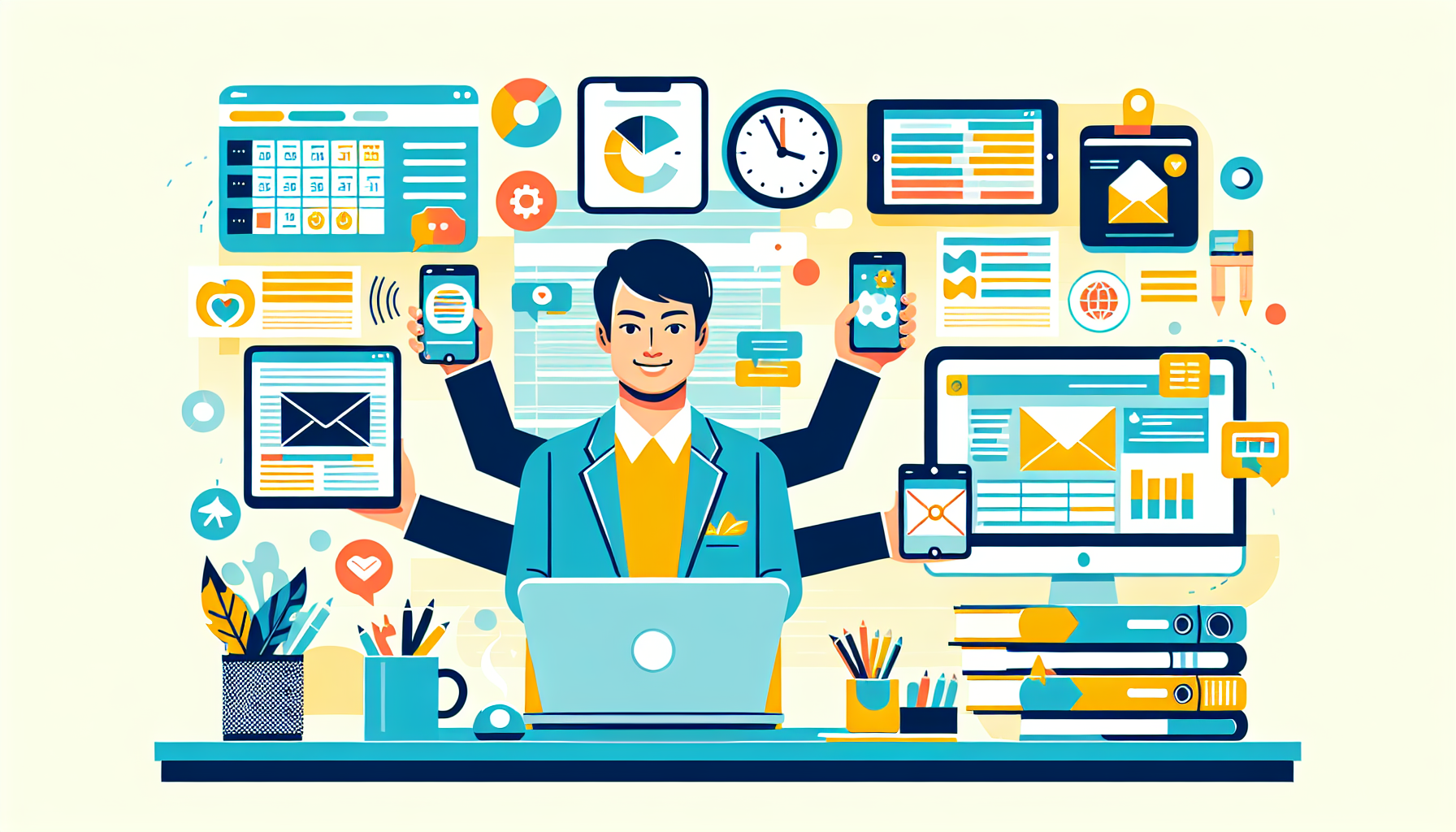 Create an illustration depicting a confident and organized virtual assistant working at home. Show the person managing various tasks on multiple devices like a laptop, tablet, and smartphone. The background should include a cozy home office setting with elements like a desk, chair, coffee mug, and some stationary. Highlight the multitasking aspect with icons or imagery representing different tasks such as scheduling, data entry, and email management.