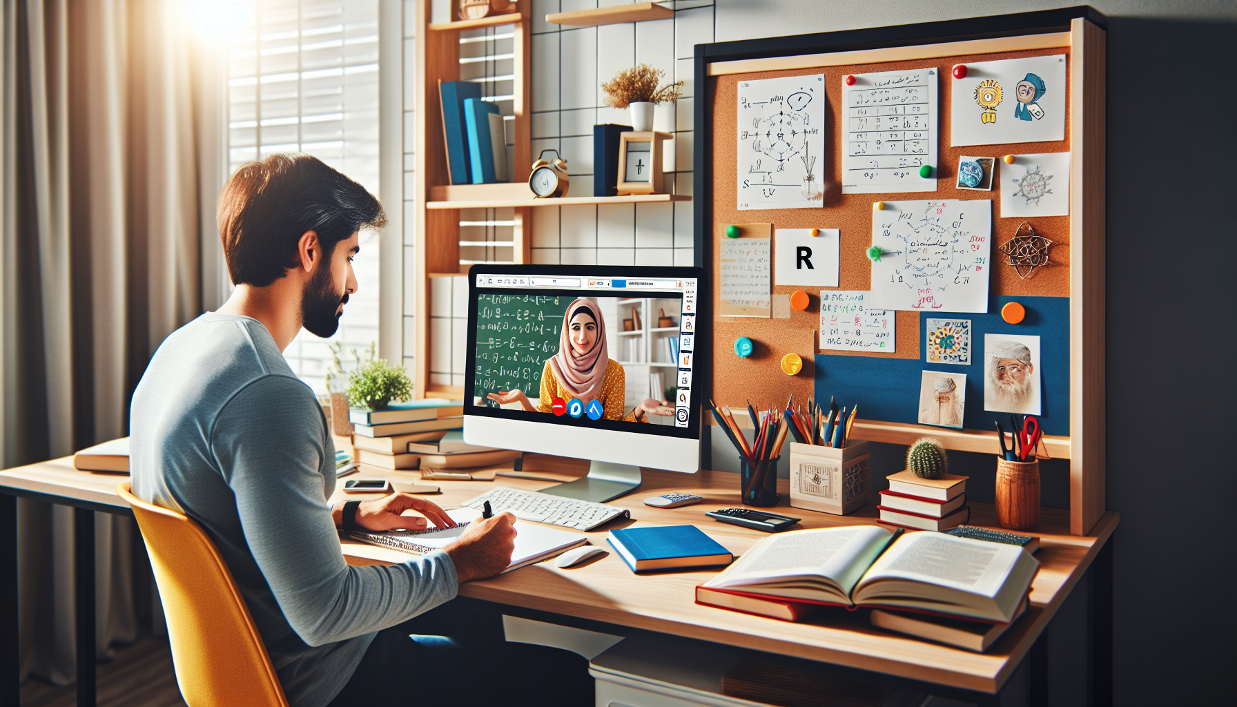 Prompt for DALL-E:

Create an image illustrating the concept of online tutoring as a remote side hustle in 2022. Depict a setting where a person is conducting an online tutoring session from home, focusing on a bright and organized workspace with a laptop, educational materials, and maybe a digital whiteboard. The tutor should be interacting with a student via video call, with elements like math formulas, language texts, or science illustrations visible on the screen. Emphasize the modern, digital environment, and the ease and flexibility of working remotely.