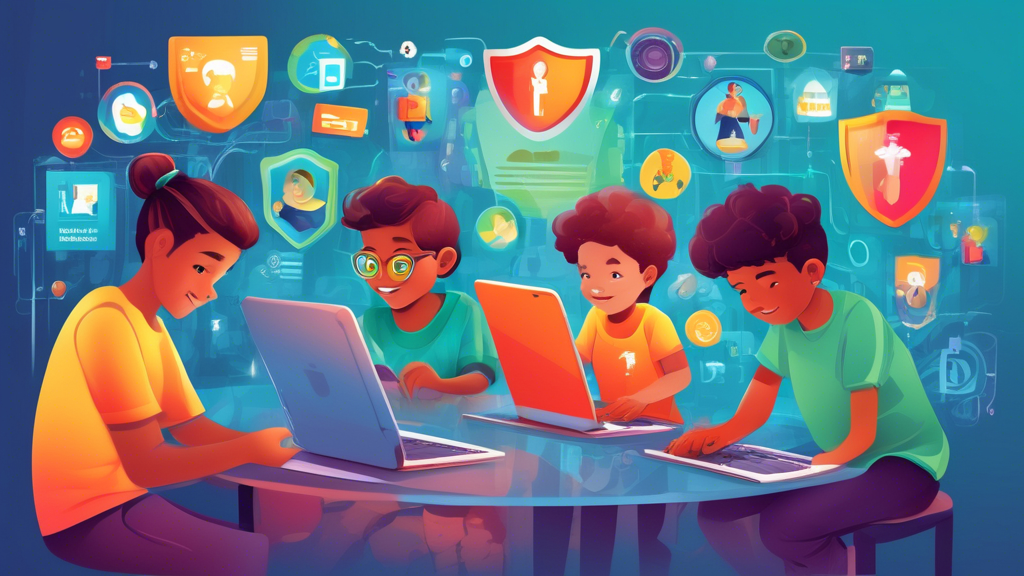 Create an image illustration that shows children using computers and mobile devices with a strong emphasis on safety and parental consent. Include elements like parental figures actively approving or overseeing their online activities, transparent privacy policy banners on screen, and symbols of security such as locks or shields. The backdrop can be a friendly, colorful environment that suggests a secure and user-friendly online space compliant with COPPA regulations.