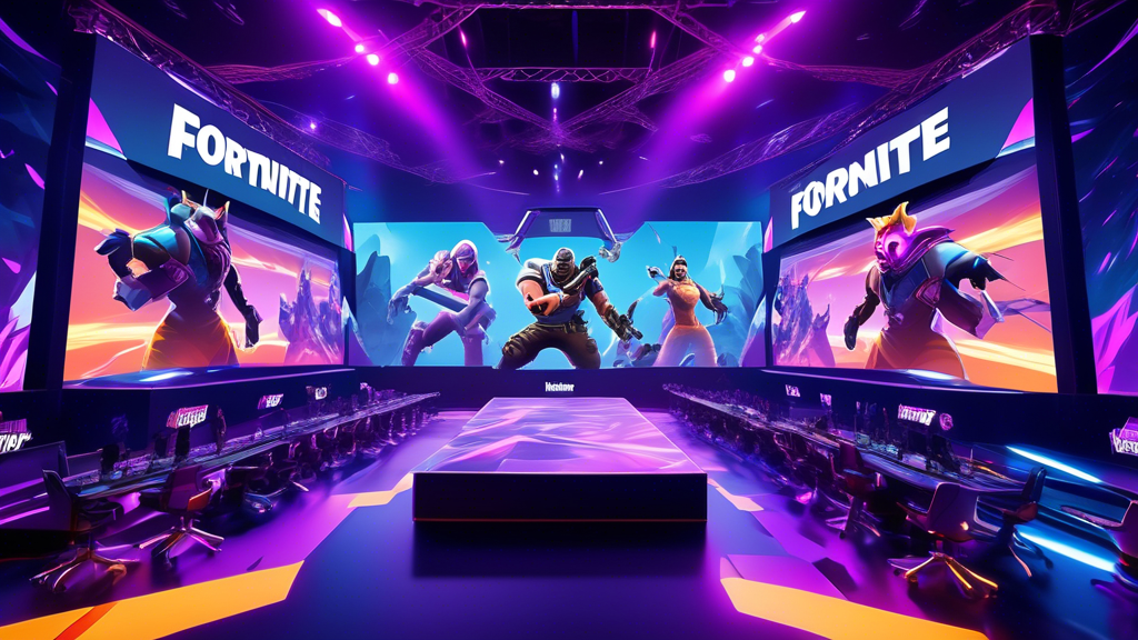Create an image of an electrifying Fortnite esports tournament stage with large, high-definition screens displaying the game. The scene should feature enthusiastic crowds, professional players in futuristic gaming setups, and dynamic, colorful lighting effects. Emphasize the excitement of the event with close-ups of victorious moments, and highlight banners or posters showing profiles of top players and teams. Incorporate visual elements that represent significant prize pools and impressive viewership statistics, capturing the grandeur and impact of Fortnite within the esports industry.
