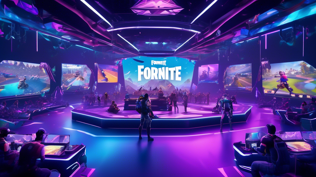 Generate an image depicting the futuristic landscape of Fortnite esports. The scene should illustrate emerging trends in competitive play, with advanced gaming setups, diverse players engaged in intense battles, and futuristic tournament arenas. Showcase the role of Epic Games with logos and banners, and include holographic displays of in-game stats and leaderboards. The atmosphere should exude excitement and anticipation, reflecting the dynamic future predictions for Fortnite in the esports world.