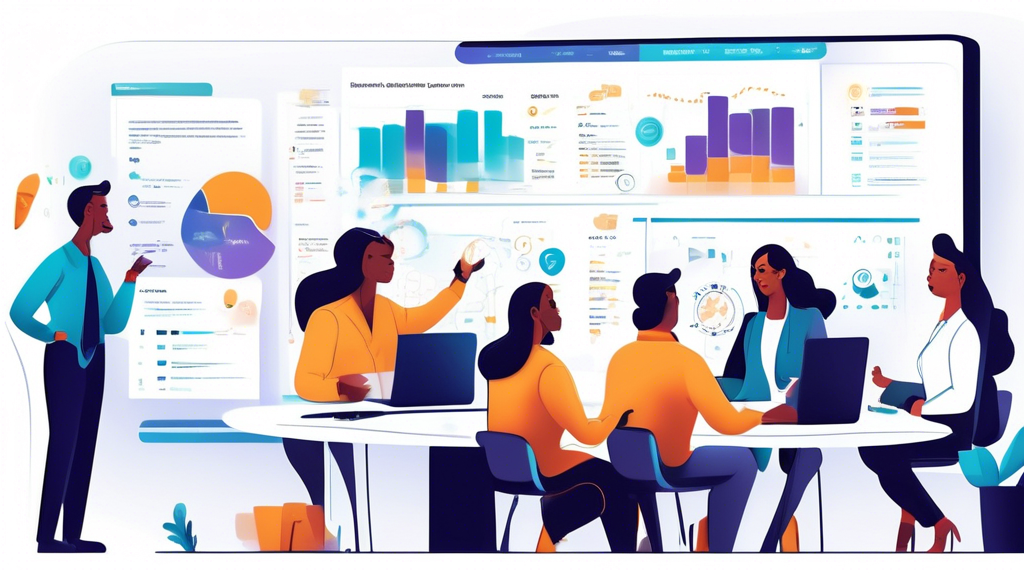 An illustration depicting a business meeting with a diverse team of professionals enthusiastically discussing plans in a modern office. On a large screen, there