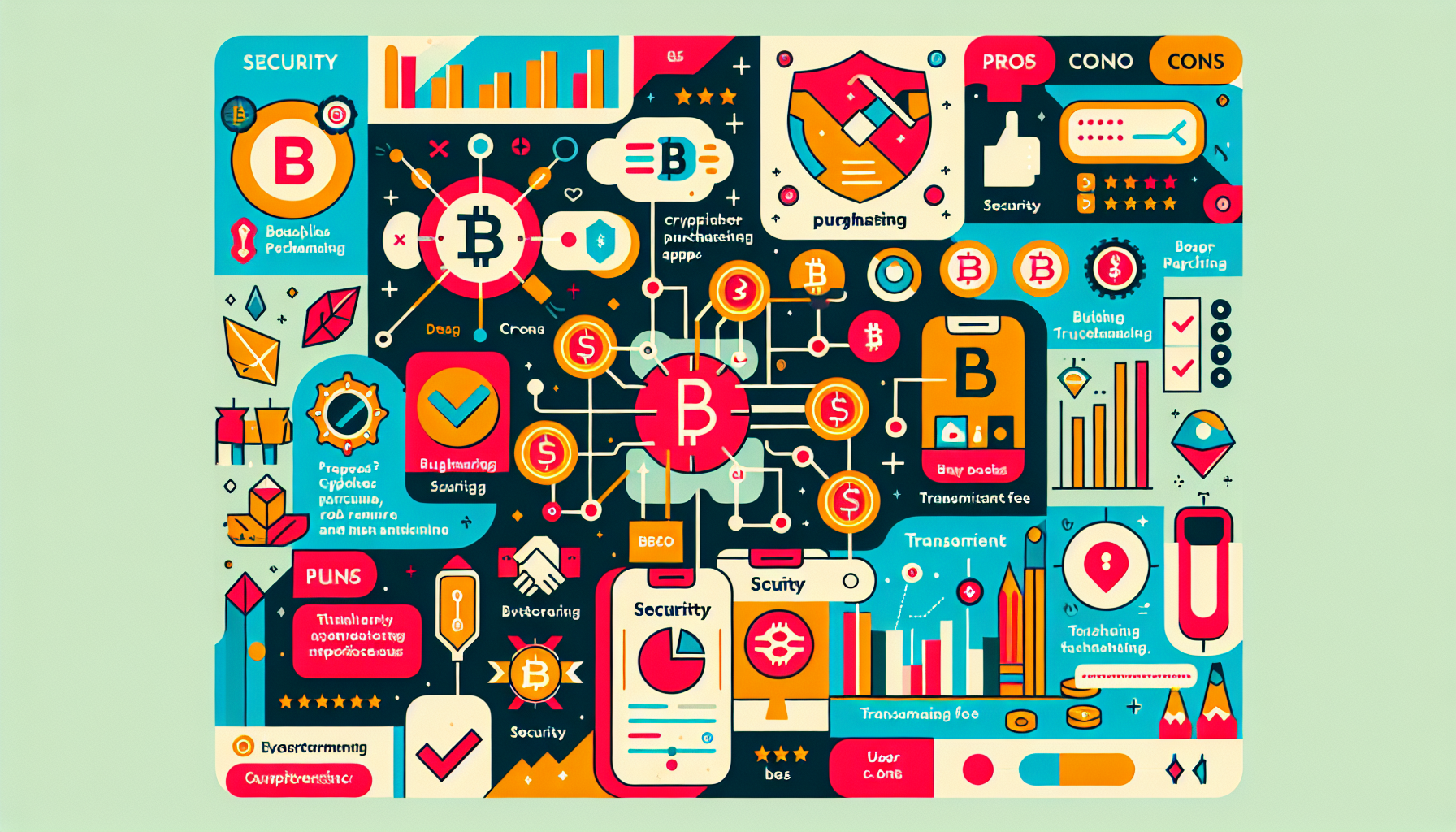 A DALL-E prompt for creating an image related to the second point of the outline could be:

Create a visually engaging collage that showcases the top-rated cryptocurrency purchasing apps of 2023. This image should feature recognizable app logos, highlighted pros and cons for each app, and brief snippets of their user interfaces. The design should be modern and clean, giving viewers a clear and appealing visual understanding of what each app offers. Include elements like security icons, user ratings, and transaction fee indicators to emphasize their features.