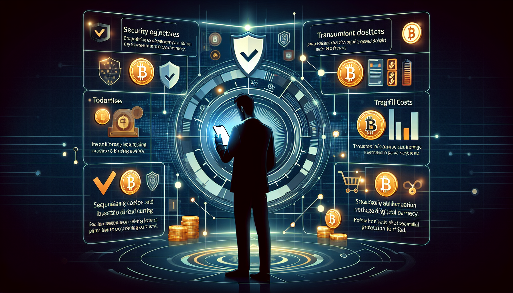 A user navigating through multiple cryptocurrency purchasing apps on a smartphone, with icons and screenshots of different apps, displaying features like security levels, transaction fees, and user ratings. The background shows a checklist with investment goals, budget, and experience level, and a shield symbolizing safety and scam avoidance. The image should have a modern, tech-savvy feel, with vibrant colors and clear, readable text highlighting key considerations for choosing the best app to buy cryptocurrency.