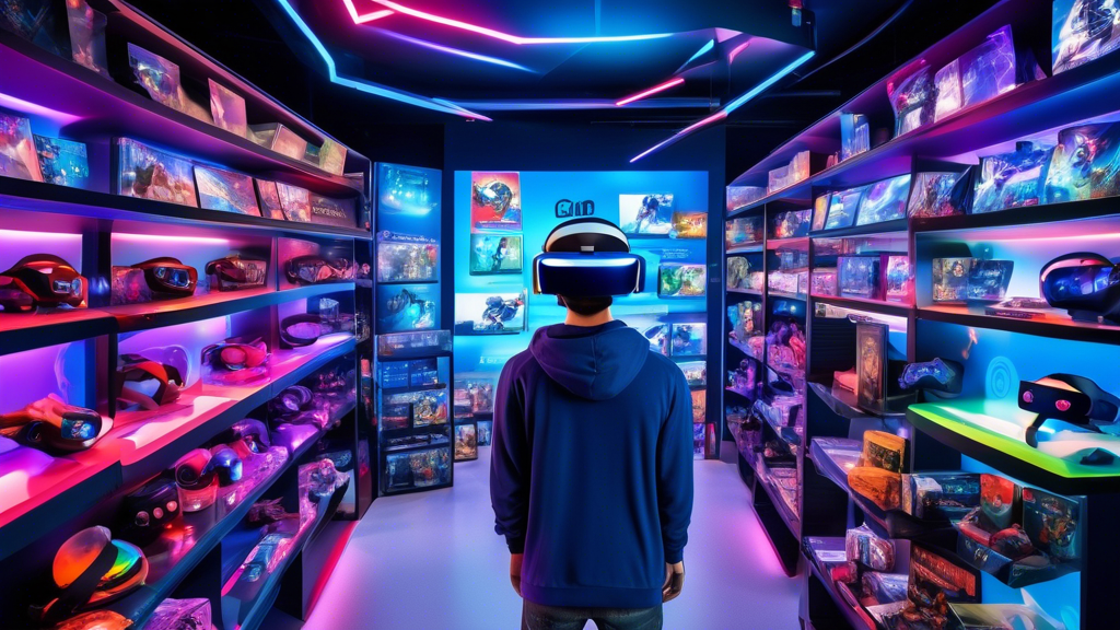 A vibrant, futuristic game store showcasing a wide selection of PS VR 2 games and exclusives. A gamer wearing a PS VR 2 headset is in the foreground, immersed in a dynamic and colorful virtual world. The display shelves are filled with popular game titles, and banners highlight exclusive content. In the background, a section dedicated to cross-platform compatibility is visible, demonstrating the PlayStation ecosystem integration. The environment is lively, engaging, and brimming with excitement, enticing viewers to explore the extensive game library PS VR 2 has to offer.