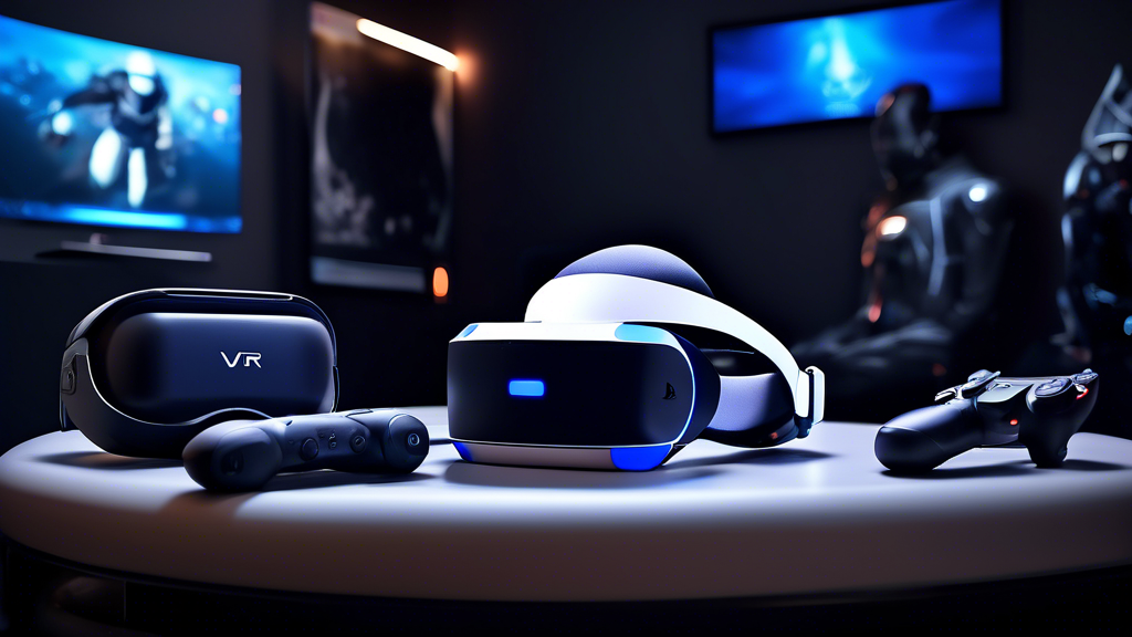 A futuristic gaming console showcasing the PS VR 2 headset prominently. The image should detail a high-tech setup with the headset connected to a PlayStation console, highlighting features like 