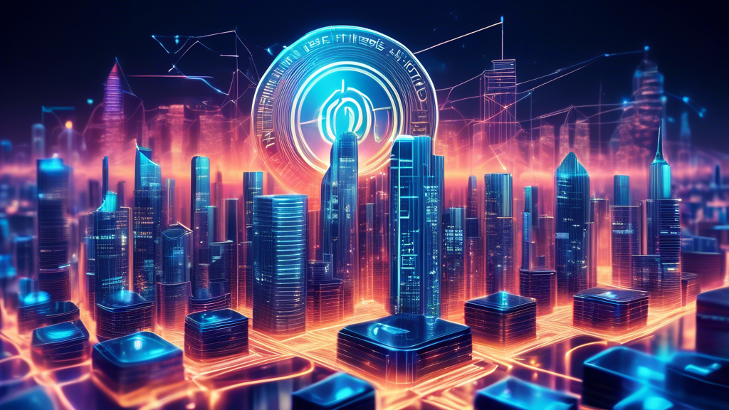 Create an image that depicts the financial advantages of investing in Finance Coin Crypto. The scene should feature a futuristic city with sleek skyscrapers made of digital circuits, where Finance Coin symbols are integrated into the architecture. The sky should be filled with holographic graphs showing upward trends, and people on the streets should be using digital wallets on their devices, symbolizing ease of transactions and high security. The overall vibe should be high-tech and optimistic, highlighting the potential benefits and security features of Finance Coin Crypto in comparison to traditional cryptocurrencies.