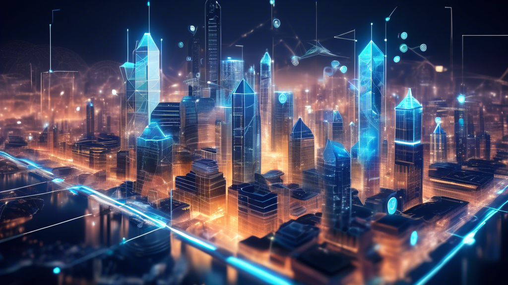 Create an image depicting the future of Finance Coin Crypto: Visualize a bustling digital city with advanced technology, where Finance Coin is widely used in various real-world applications. Include futuristic market trends graphs, experts discussing Finance Coin