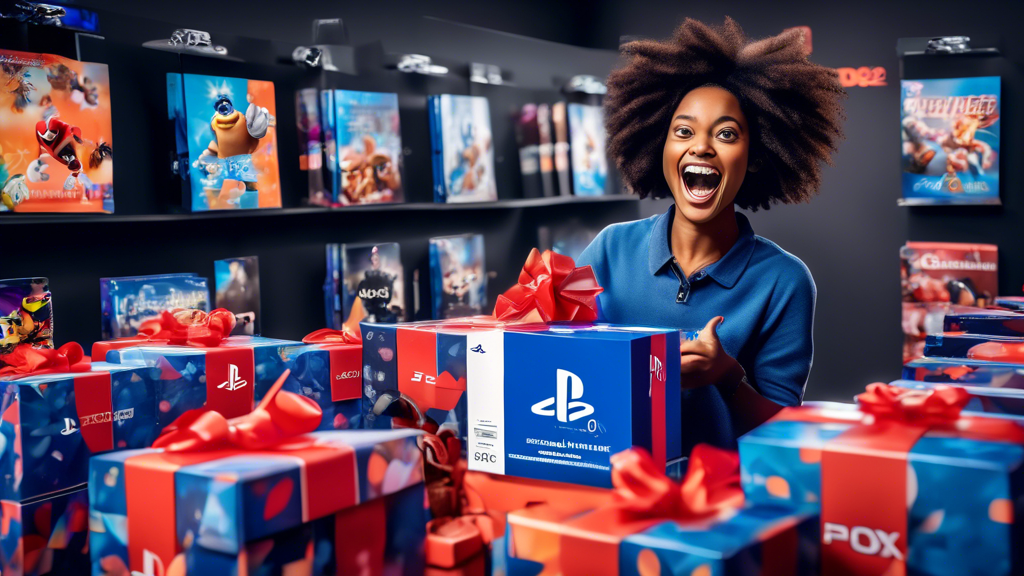 Create an image that captures the essence of nabbing incredible Playstation 4 Black Friday 2022 deals using insider tips and tricks. Visualize a shopper holding a Playstation 4 console box with a joyful expression, surrounded by discount tags and signs like Price Match Guarantee, Cashback Offers, and Limited Time Discounts. The scene should be dynamic, with a retail environment bustling with excitement, showcasing a blend of online apps and physical store shopping carts filled with Playstation accessories and games. Include elements like clocks and calendars to emphasize the strategic timing for purchases.