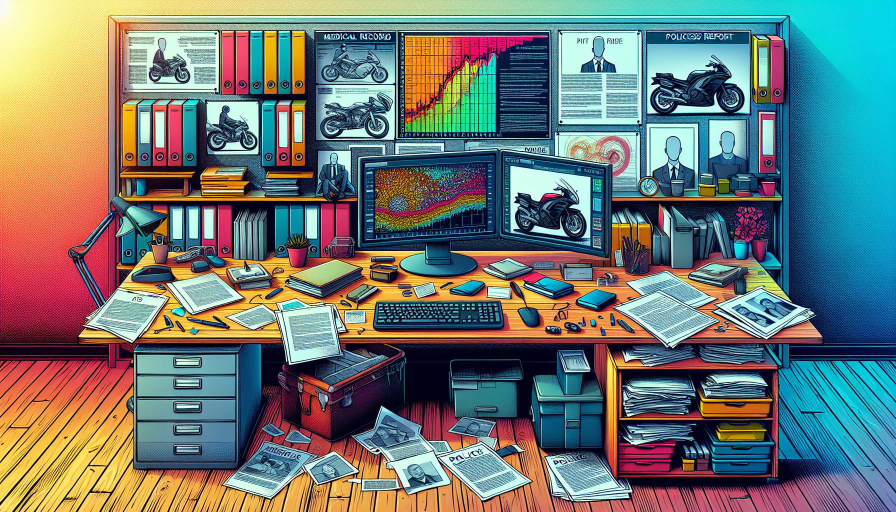 An organized office space filled with evidence for a motorcycle crash claim, including scattered photos of the damaged motorcycle, highlighted witness statements, a visible police report, arranged medical records on a desk, and a digital timeline displayed on a computer screen, emphasizing precision and meticulous documentation.