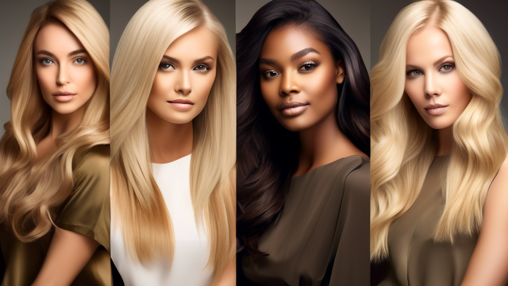 Create an image of four diverse women with different skin tones (fair, medium, olive, and dark) confidently sitting in a stylish hair salon. Each woman has a unique blonde hair color achieved through foils, perfectly complementing her skin tone. Show a variety of blonde shades, from platinum and ash blonde to honey and caramel blonde. Capture the modern and chic ambiance of the salon, with professional hair styling equipment and a vibrant, inspiring atmosphere.