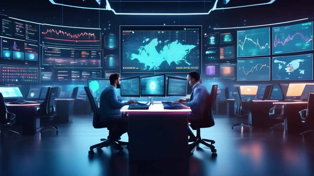 Create an image that depicts a futuristic trading desk with multiple screens displaying cryptocurrency charts, graphs, and market trends. Show a digital assistant or AI interacting with the user, suggesting automated trading strategies. Include visuals of popular cryptocurrencies like Bitcoin and Ethereum, as well as icons representing risk management and financial analytics. The overall atmosphere should convey a sense of innovation and sophistication, emphasizing the theme of maximizing returns through advanced automated trading tools. The image should be bright, modern, and visually engaging, appealing to tech-savvy investors.