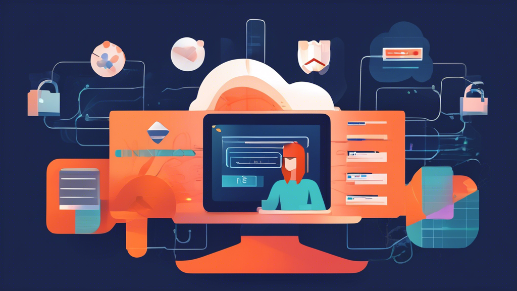 Create an illustration that depicts best practices for unblocking websites using a firewall while ensuring network security. The scene should showcase a user interaction with a computer or network setup, highlighting tips and steps such as configuring firewall settings, using VPNs, proxy servers, and maintaining optimal security. Use modern, minimalistic design elements that convey technical sophistication and cybersecurity awareness.
